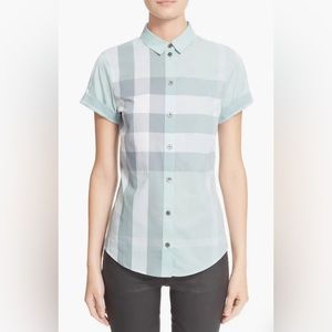 NWT - Burberry Checked Blouse - Powder Blue - Short Sleeve - Size XS